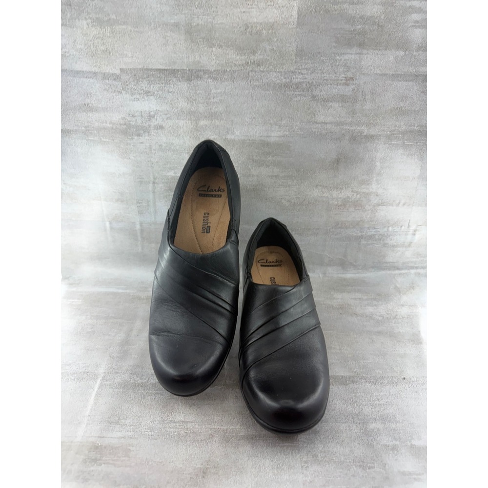 Clarks Collection Black Leather Pleated Slip On Block Heel Pumps Women Sz 7.5M